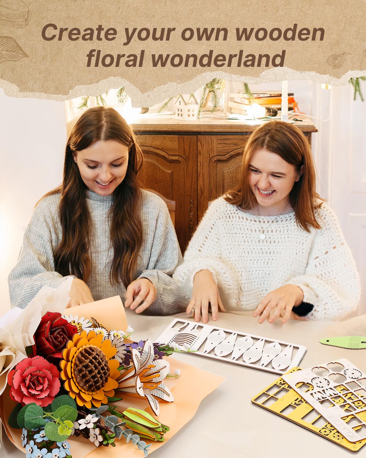 3D Wooden Puzzles Flower Bouquet, 395 Pieces DIY 3D Flowers Puzzle for Adults Model Kit Building Set, Creative Gift Idea for Lovers Home Decor (Sunflower/Carnation/White Lily/Daisy/Red Rose) - Image 3