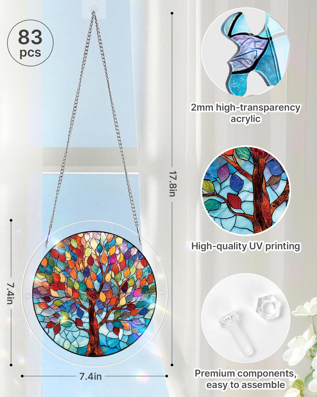 Acrylic Puzzles Suncatcher Window Hanging, 83 Pieces 7.4 Inch Sun Catcher Acrylic Puzzles Garden Decoration for Women Men Mom Birthday Gift Home Decor (Vivid Tree) - Image 5