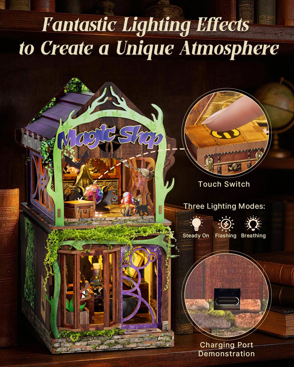 Book Nook Kit - Magic Shop, 156 PCS DIY Miniature House 3D Wooden Puzzles for Adults, Retro Train Dollhouse Tiny Booknook Bookshelf Decor, Stress Relief Craft for Enthusiasts Lovers Friends - Image 3