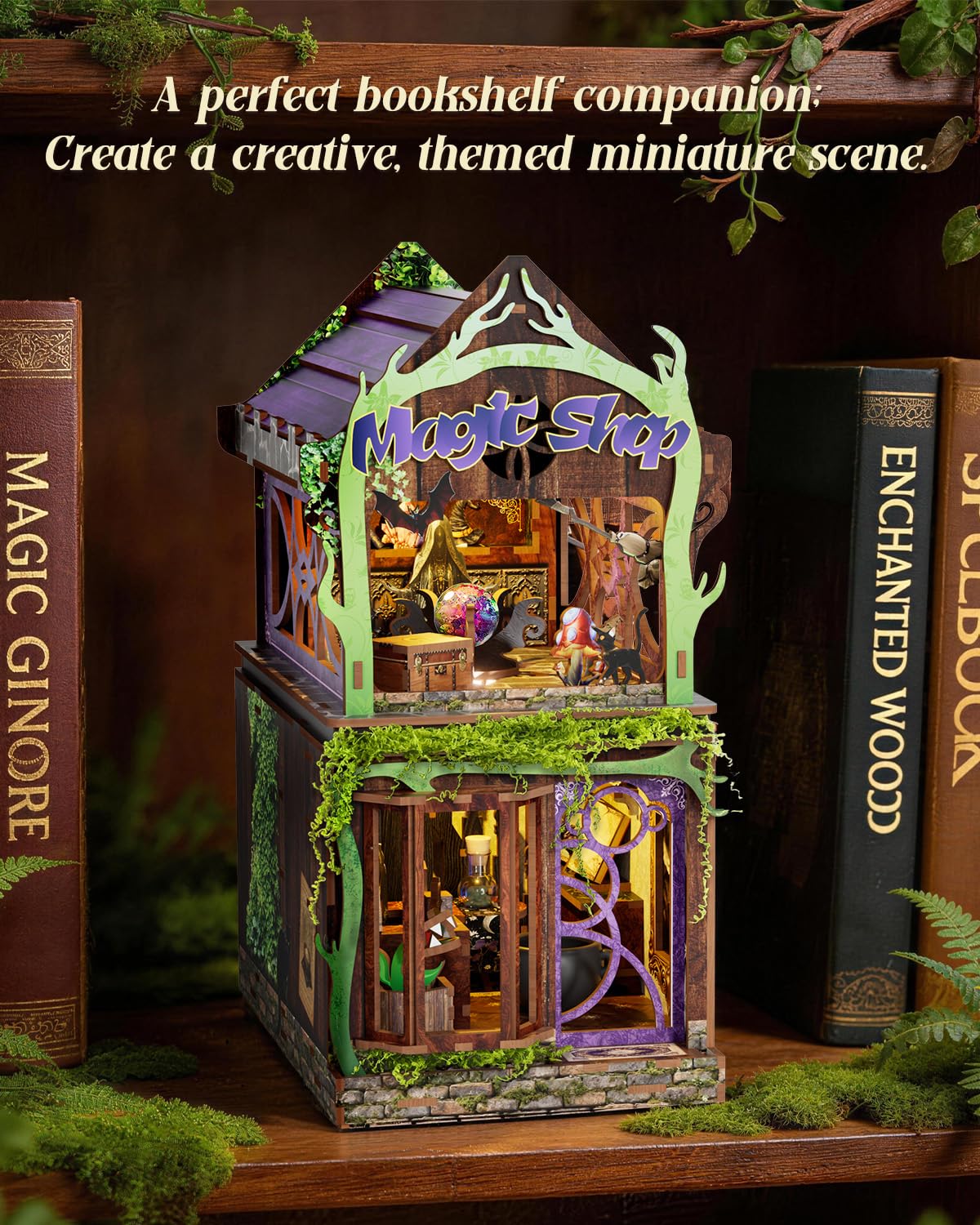 Book Nook Kit - Magic Shop, 156 PCS DIY Miniature House 3D Wooden Puzzles for Adults, Retro Train Dollhouse Tiny Booknook Bookshelf Decor, Stress Relief Craft for Enthusiasts Lovers Friends - Image 5