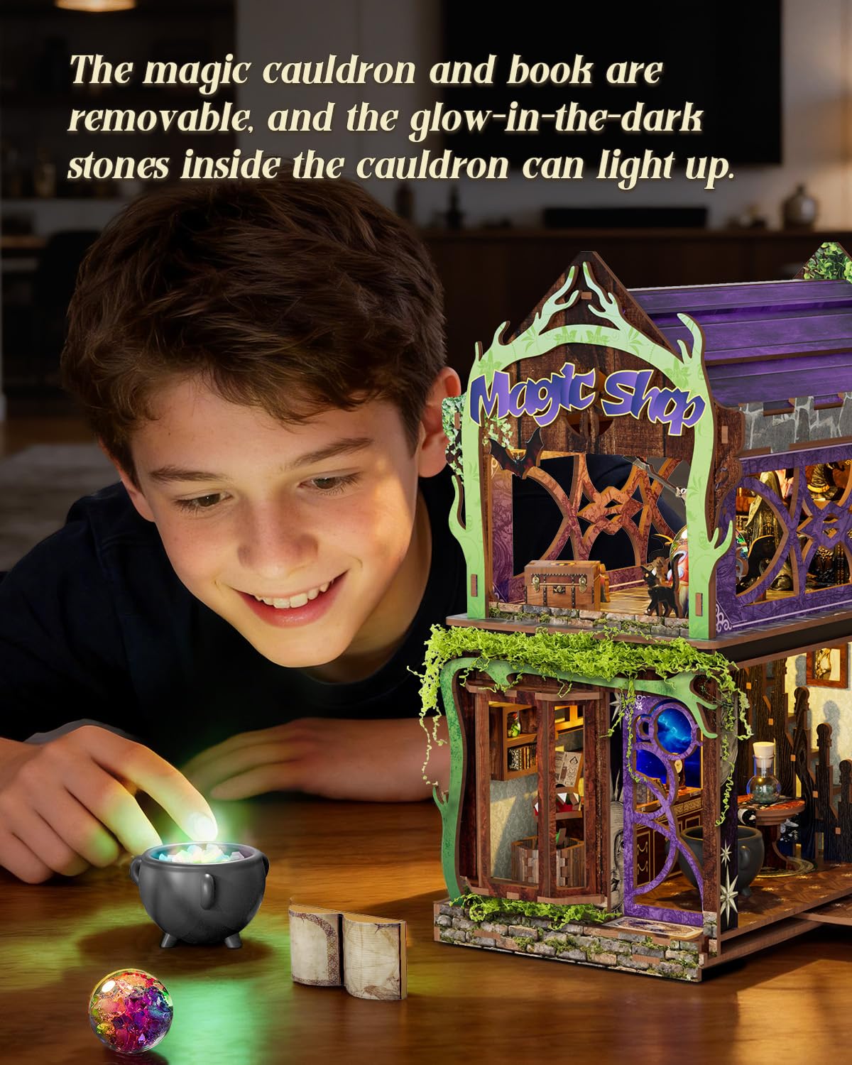 Book Nook Kit - Magic Shop, 156 PCS DIY Miniature House 3D Wooden Puzzles for Adults, Retro Train Dollhouse Tiny Booknook Bookshelf Decor, Stress Relief Craft for Enthusiasts Lovers Friends - Image 6