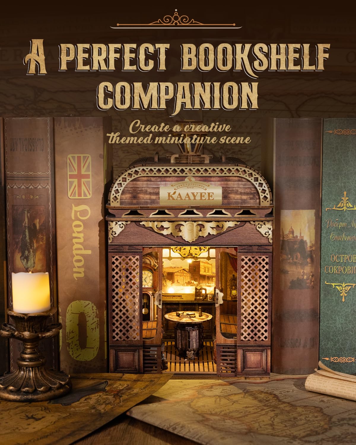 DIY Book Nook Kit, 3D Wooden Puzzle Miniature Booknook Bookend Bookshelf Decor with LED Light, Bookshelf Insert Booknook, Book Nook Kits for Adults (Retro Train) - Image 6