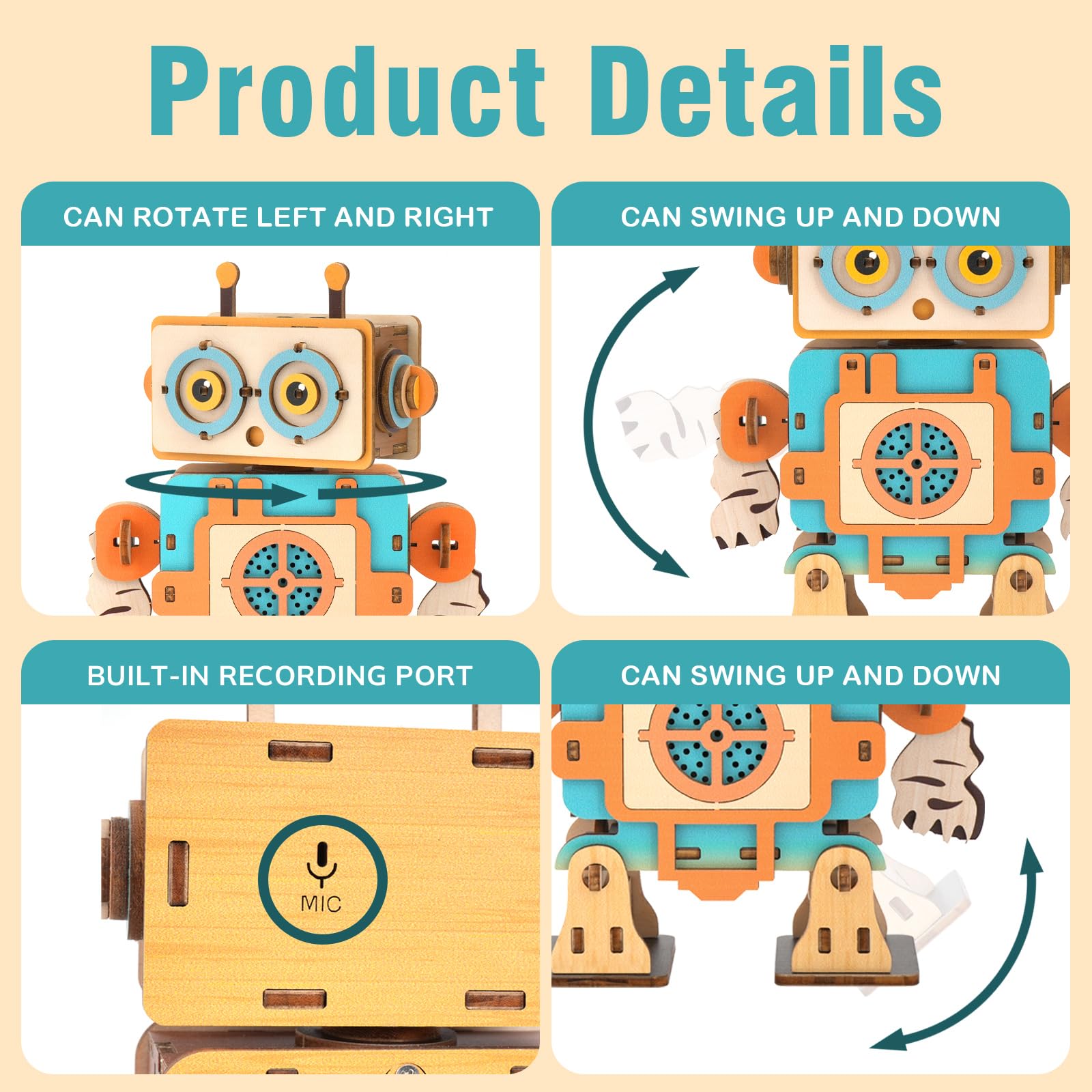 DIY Wooden Voice Recorder Robot – 3D Puzzle Model Kit with Sound Playback, Rotating Parts & Mechanical Assembly – Unique Gift for Puzzle Enthusiasts & Makers - Image 3