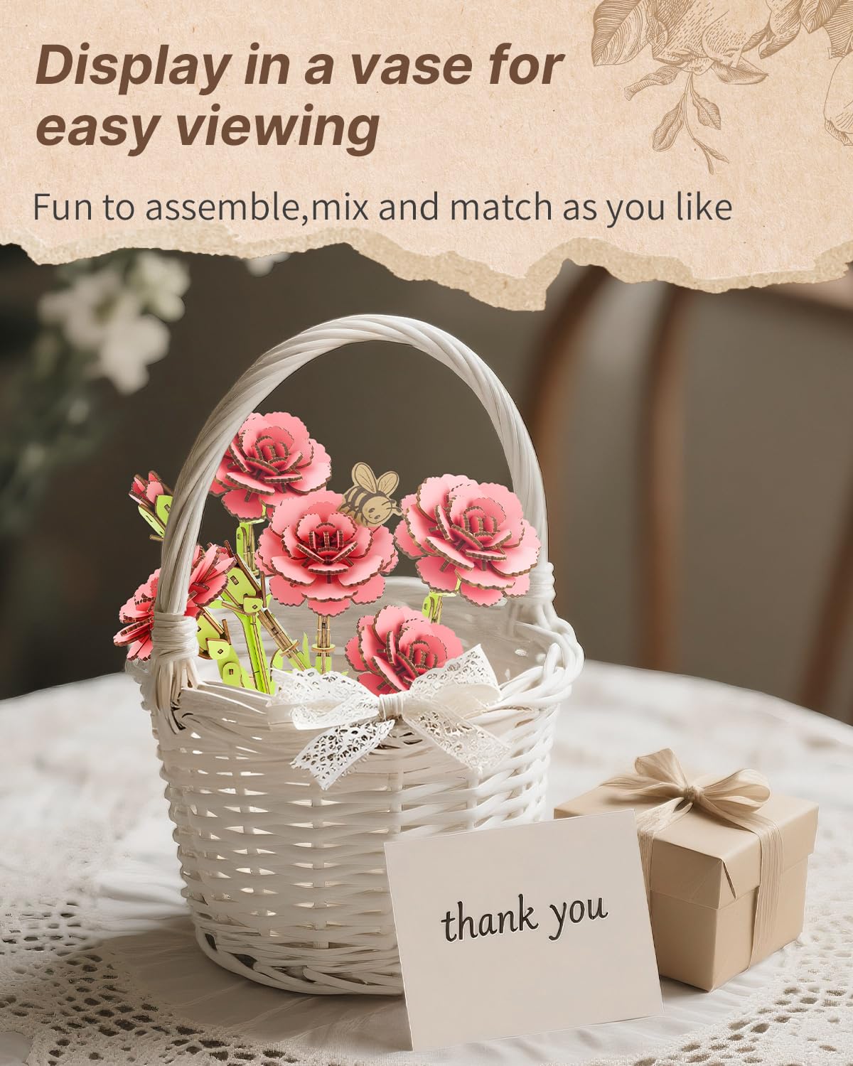 KAAYEE 3D Flower Wooden Puzzles for Adults, 90 PCS Wood Carnation DIY Craft Kit Brain Teaser Creative Gift for Puzzle Lovers Home Decors Fake Flowers for Table, Desk, Office - Image 3