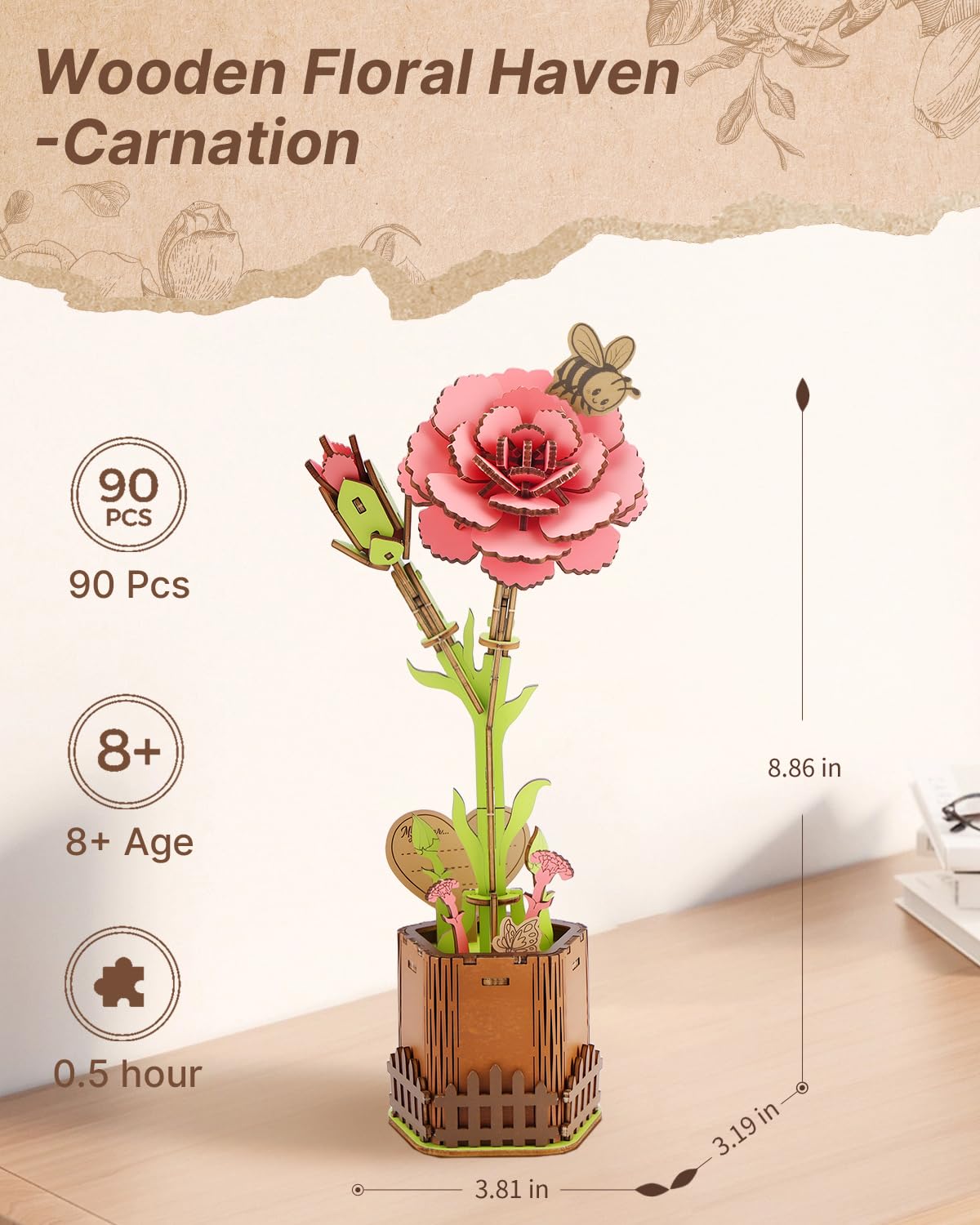 KAAYEE 3D Flower Wooden Puzzles for Adults, 90 PCS Wood Carnation DIY Craft Kit Brain Teaser Creative Gift for Puzzle Lovers Home Decors Fake Flowers for Table, Desk, Office - Image 4