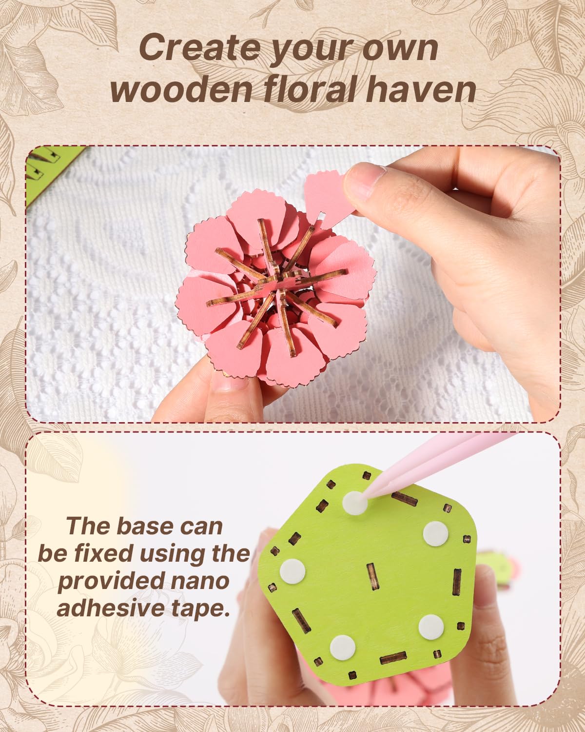 KAAYEE 3D Flower Wooden Puzzles for Adults, 90 PCS Wood Carnation DIY Craft Kit Brain Teaser Creative Gift for Puzzle Lovers Home Decors Fake Flowers for Table, Desk, Office - Image 5