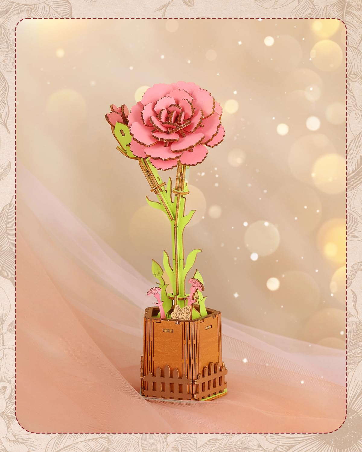 KAAYEE 3D Flower Wooden Puzzles for Adults, 90 PCS Wood Carnation DIY Craft Kit Brain Teaser Creative Gift for Puzzle Lovers Home Decors Fake Flowers for Table, Desk, Office - Image 7