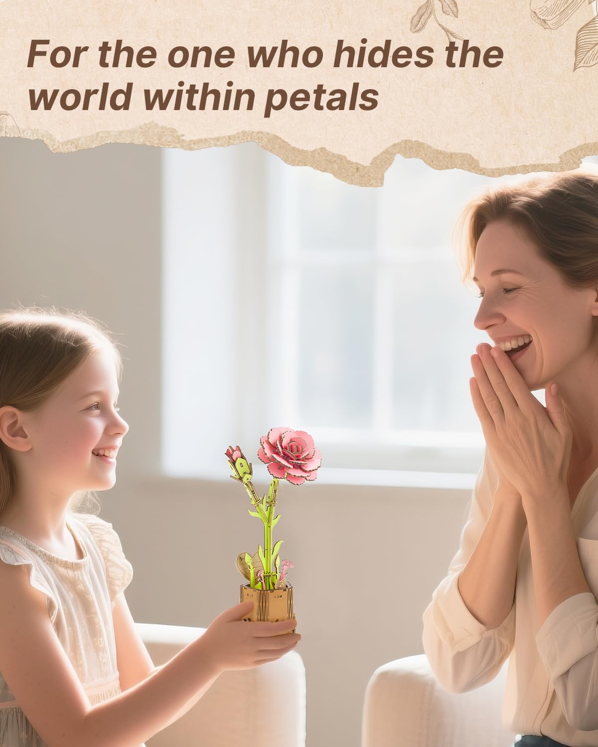 KAAYEE 3D Flower Wooden Puzzles for Adults, 90 PCS Wood Carnation DIY Craft Kit Brain Teaser Creative Gift for Puzzle Lovers Home Decors Fake Flowers for Table, Desk, Office - Image 8