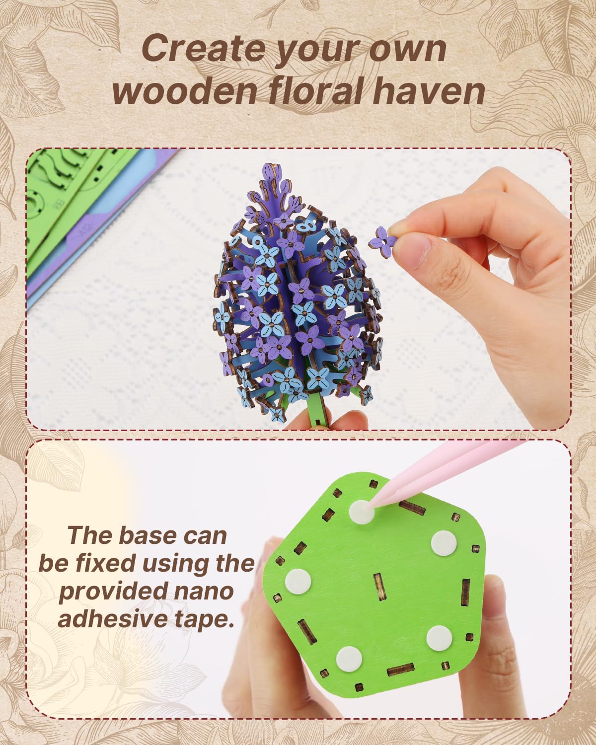 Kaayee 3D Flower Wooden Puzzles for Adults-Lilac, Wooden Flowers Model Kit Set DIY Crafts to Build, Mother's Day/Botanical Collection/Ideal Creative Gift Ideas/Housewarming（168 PCS） - Image 3