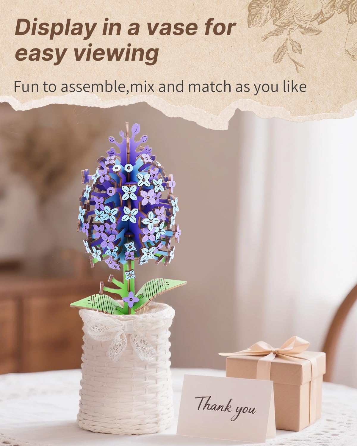 Kaayee 3D Flower Wooden Puzzles for Adults-Lilac, Wooden Flowers Model Kit Set DIY Crafts to Build, Mother's Day/Botanical Collection/Ideal Creative Gift Ideas/Housewarming（168 PCS） - Image 4