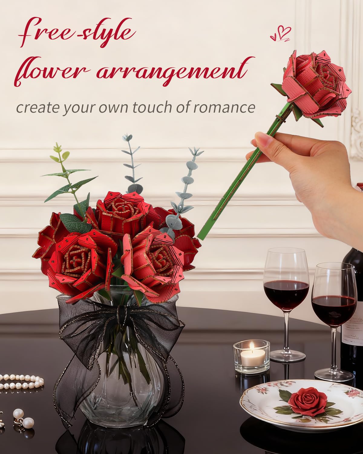 Kaayee 3D Wooden Puzzles Flower Bouquet, 368 Pieces DIY 3D Flowers Puzzle for Adults Model Kit Building Set, Creative Gift Idea for Lovers Home Decor (Red Roses/Pink Roses/Silver Dollar Leaves) - Image 4