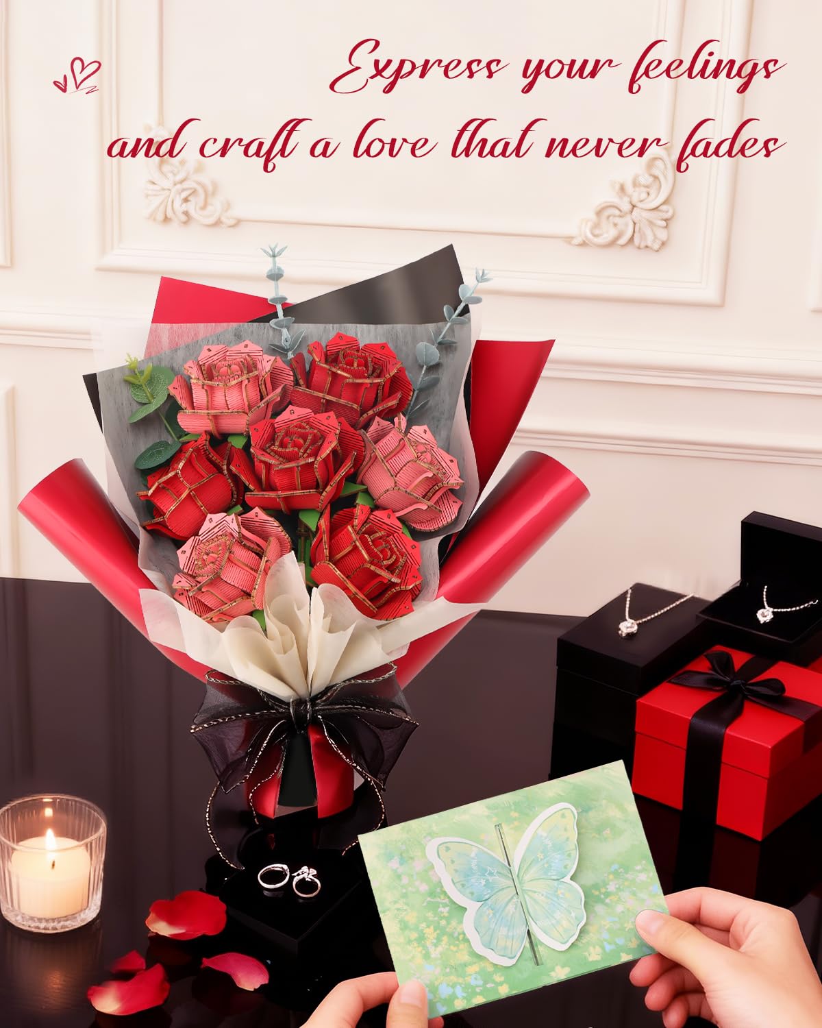 Kaayee 3D Wooden Puzzles Flower Bouquet, 368 Pieces DIY 3D Flowers Puzzle for Adults Model Kit Building Set, Creative Gift Idea for Lovers Home Decor (Red Roses/Pink Roses/Silver Dollar Leaves) - Image 5