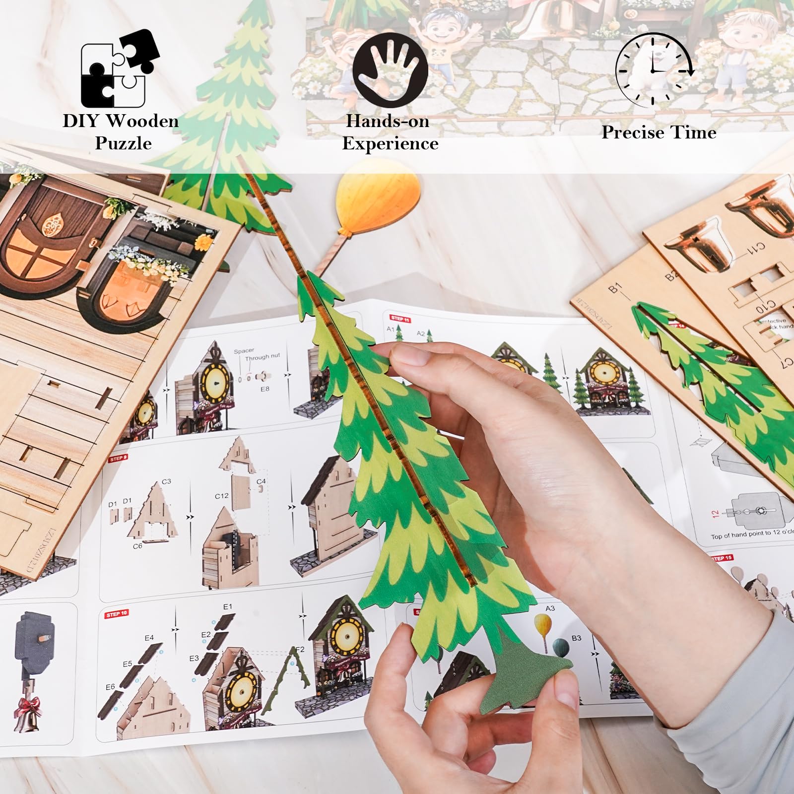 KAAYEE 3D Wooden Puzzles for Adults Balloon House Wooden Clock 3D Puzzle Kit – Whimsical Wall Clock with Floating Balloon Design & Swinging Bell Pendulum – DIY Assembly Art Decor - Image 6