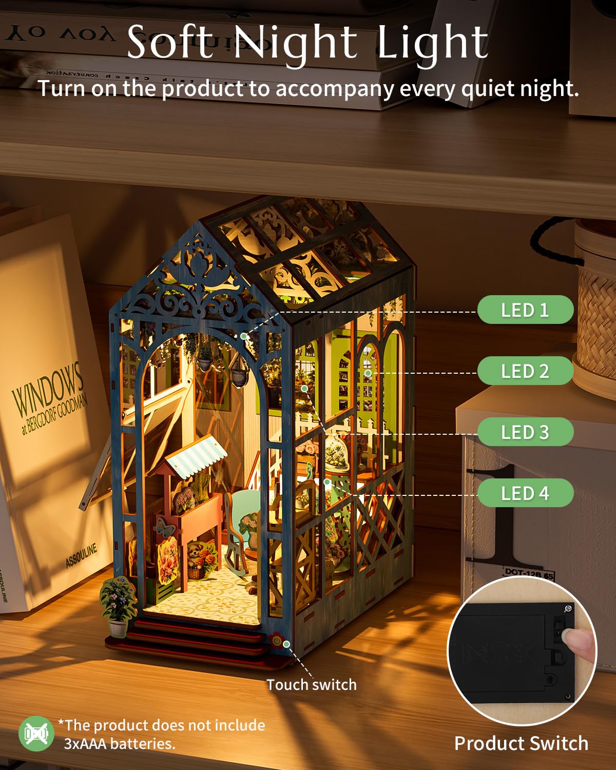 KAAYEE Book Nook Kit, 3D Wooden Puzzles for Adults, DIY Miniature House Kit for Adults, Booknook with LED Light, Gifts for Family, Friends and Book Lovers, Bookshelf Decor(Romantic Flower House) - Image 5