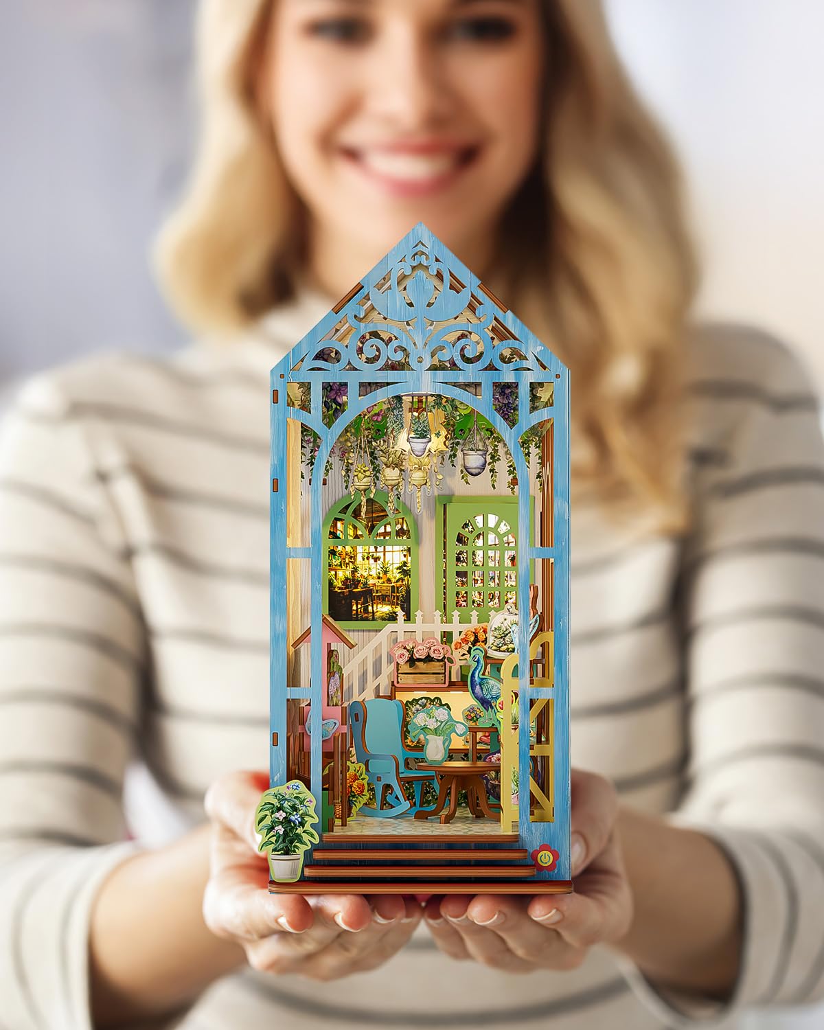 KAAYEE Book Nook Kit, 3D Wooden Puzzles for Adults, DIY Miniature House Kit for Adults, Booknook with LED Light, Gifts for Family, Friends and Book Lovers, Bookshelf Decor(Romantic Flower House) - Image 7