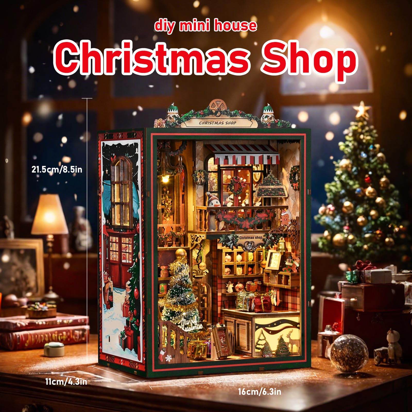 KAAYEE Book Nook Kit, 3D Wooden Puzzles for Adults, DIY Miniature House Kit for Adults, Booknook with LED Light, Gifts for Family, Friends and Book Lovers, Bookshelf Decor(Christmas Shop) - Image 3