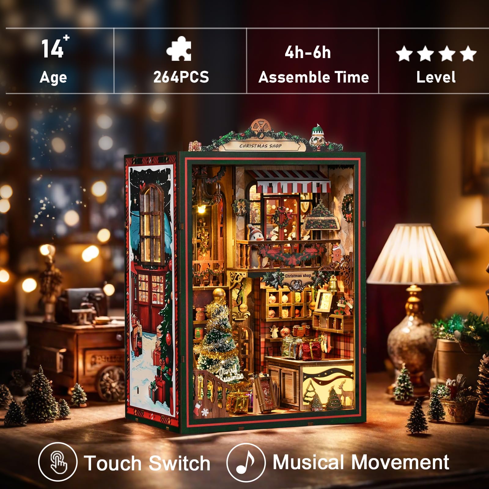 KAAYEE Book Nook Kit, 3D Wooden Puzzles for Adults, DIY Miniature House Kit for Adults, Booknook with LED Light, Gifts for Family, Friends and Book Lovers, Bookshelf Decor(Christmas Shop) - Image 4