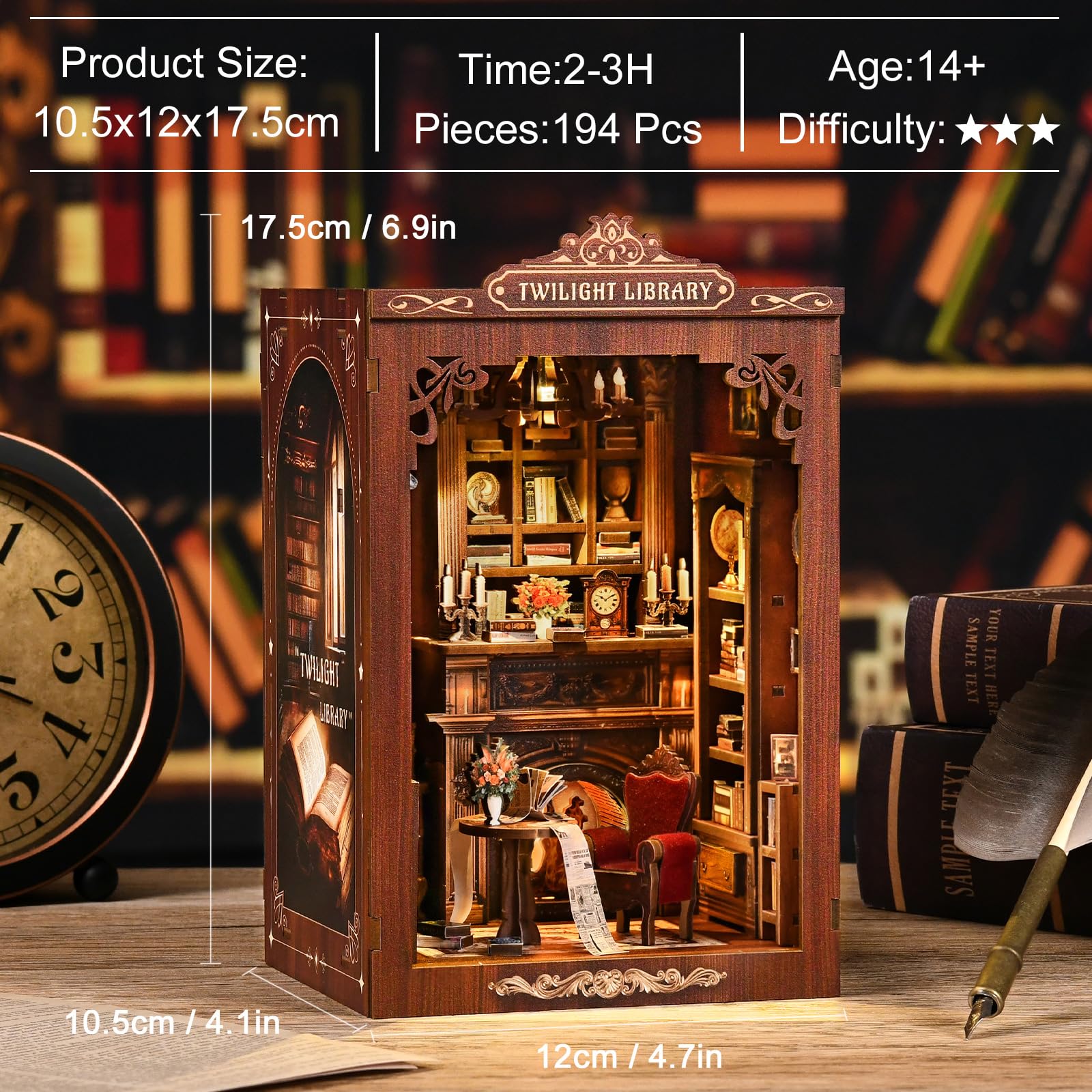 KAAYEE Book Nook Kit, 3D Wooden Puzzles for Adults, DIY Miniature House Kit for Adults, Booknook with LED Light, Gifts for Family, Friends and Book Lovers, Bookshelf Decor(Twinkling Light Library) - Image 3