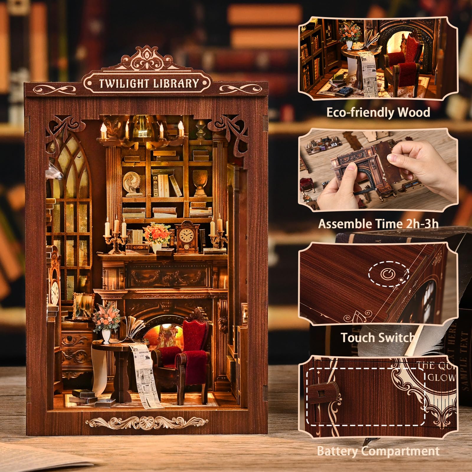 KAAYEE Book Nook Kit, 3D Wooden Puzzles for Adults, DIY Miniature House Kit for Adults, Booknook with LED Light, Gifts for Family, Friends and Book Lovers, Bookshelf Decor(Twinkling Light Library) - Image 4