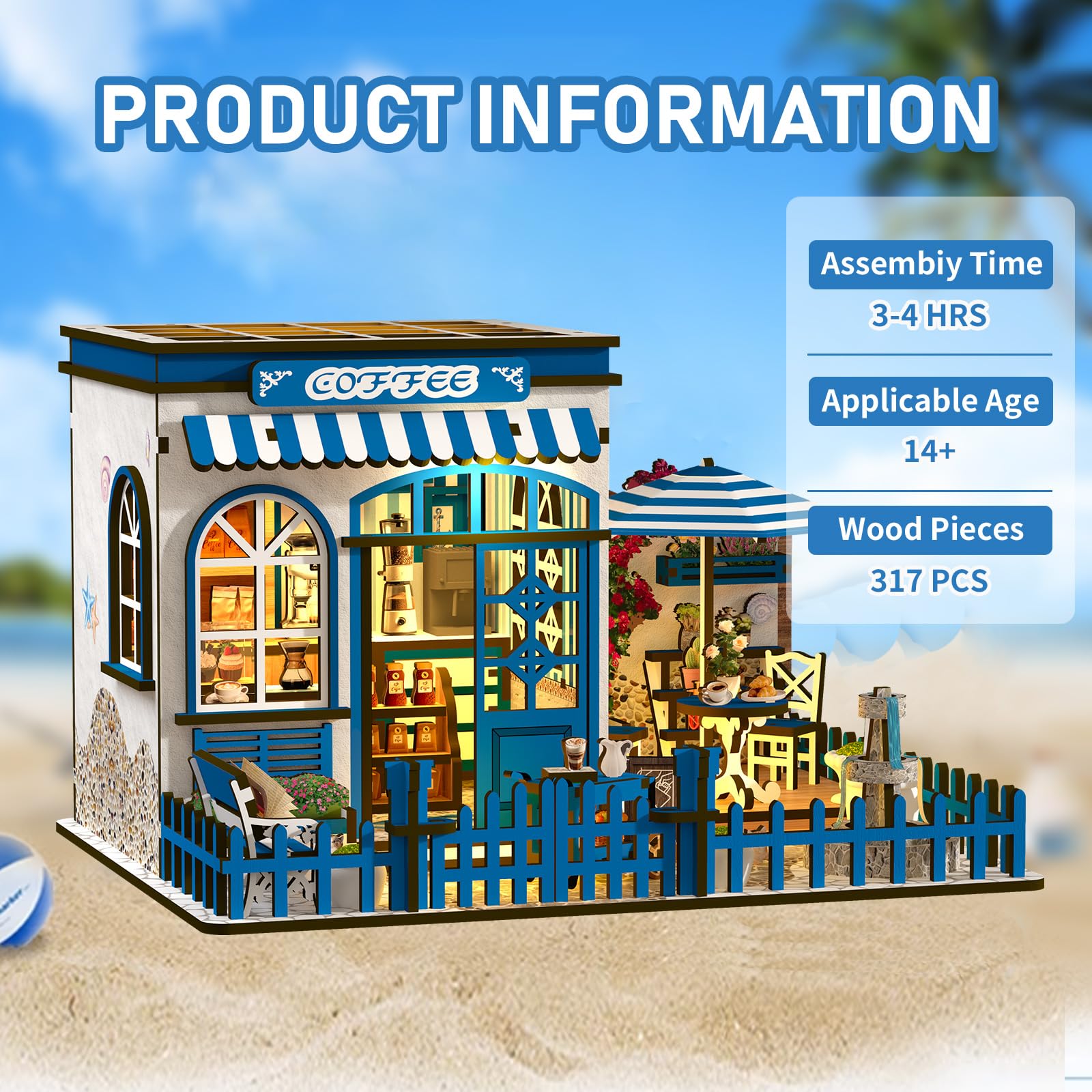 KAAYEE Book Nook Kit, 3D Wooden Puzzles for Adults, DIY Miniature House Kit for Adults, Booknook with LED Light, Gifts for Family, Friends and Book Lovers, Bookshelf Decor(Santorini Sun Café) - Image 4