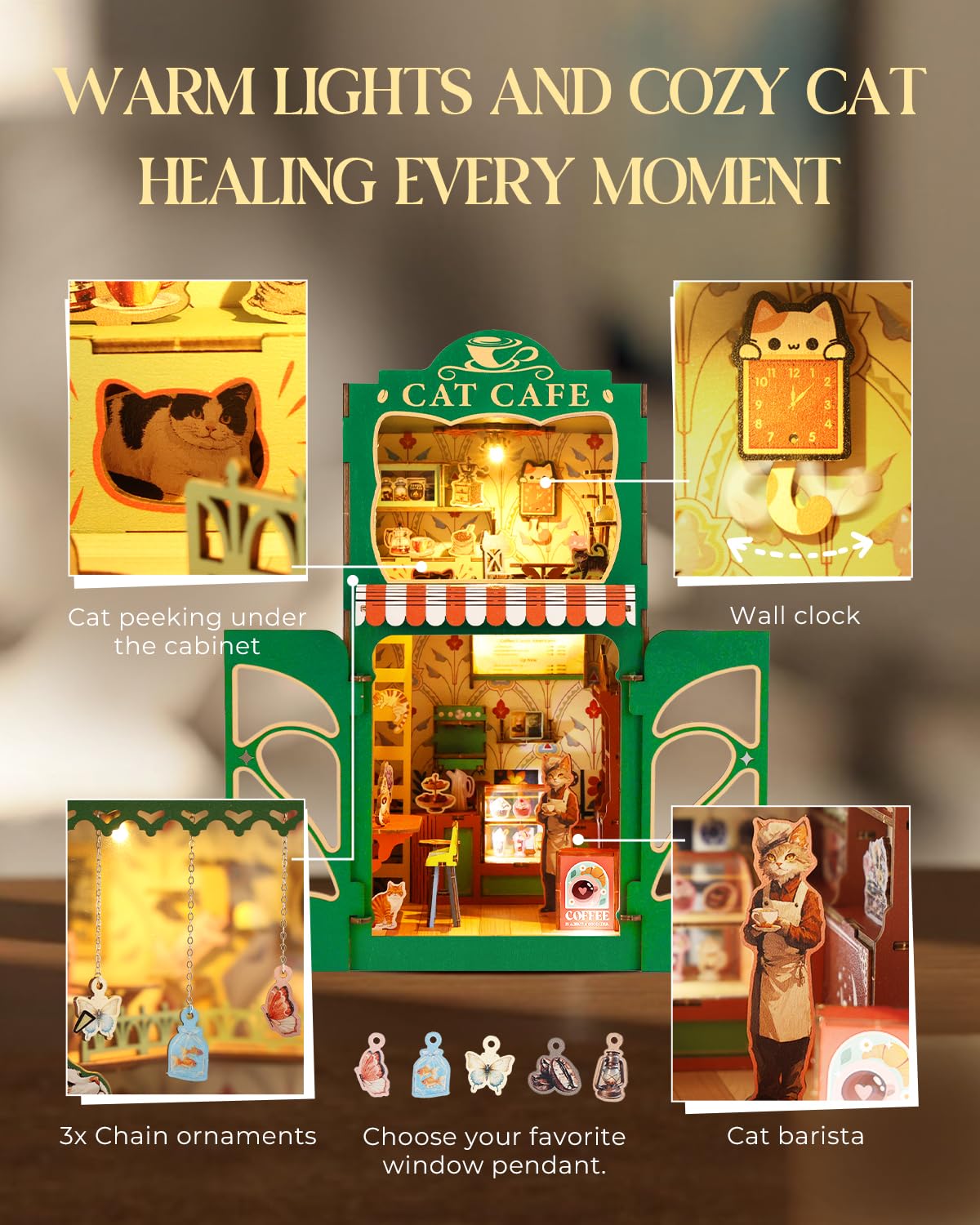 KAAYEE Book Nook Kit, 3D Wooden Puzzles for Adults, DIY Miniature House Kit for Adults, Booknook with LED Light, Gifts for Family, Friends and Book Lovers, Bookshelf Decor(Cat's Coffee House) - Image 3