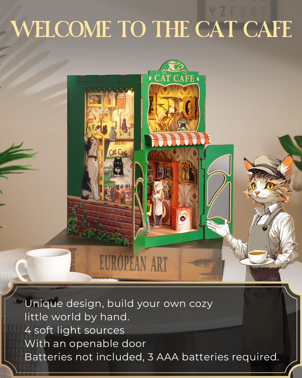 KAAYEE Book Nook Kit, 3D Wooden Puzzles for Adults, DIY Miniature House Kit for Adults, Booknook with LED Light, Gifts for Family, Friends and Book Lovers, Bookshelf Decor(Cat's Coffee House) - Image 4