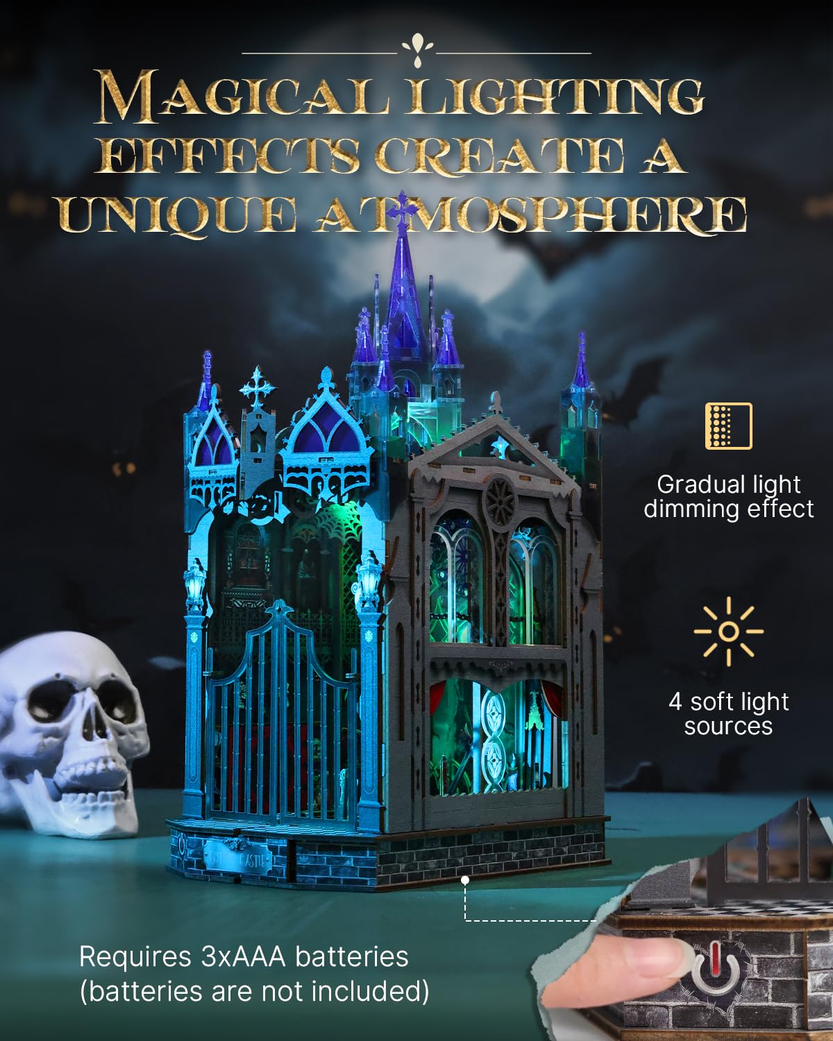 KAAYEE Book Nook Kit, 3D Wooden Puzzles for Adults, DIY Miniature House Kit for Adults, Booknook with LED Light, Gifts for Family, Friends and Book Lovers, Bookshelf Decor(Gothic Castle) - Image 4