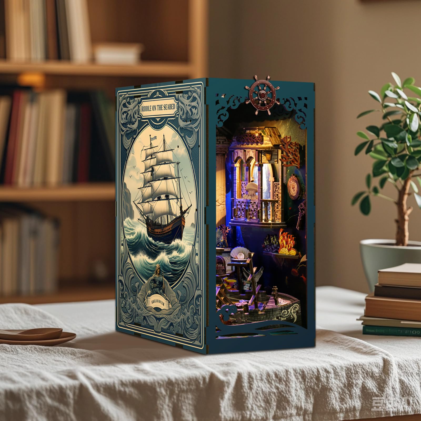 KAAYEE Book Nook Kit, 3D Wooden Puzzles for Adults, DIY Miniature House Kit for Adults, Booknook with LED Light, Gifts for Family, Friends and Book Lovers, Bookshelf Decor(Deep Sea Shadows) - Image 3