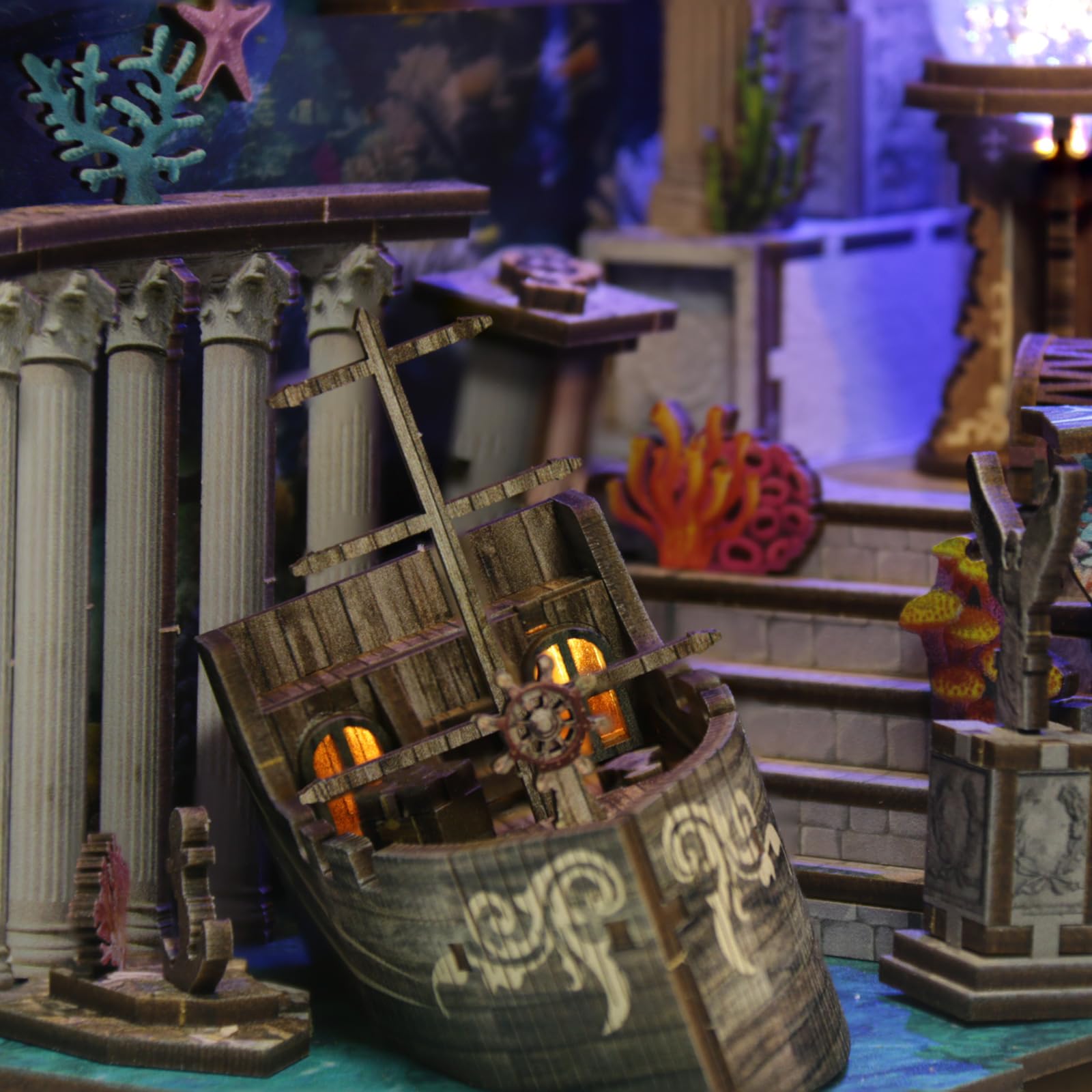 KAAYEE Book Nook Kit, 3D Wooden Puzzles for Adults, DIY Miniature House Kit for Adults, Booknook with LED Light, Gifts for Family, Friends and Book Lovers, Bookshelf Decor(Deep Sea Shadows) - Image 7