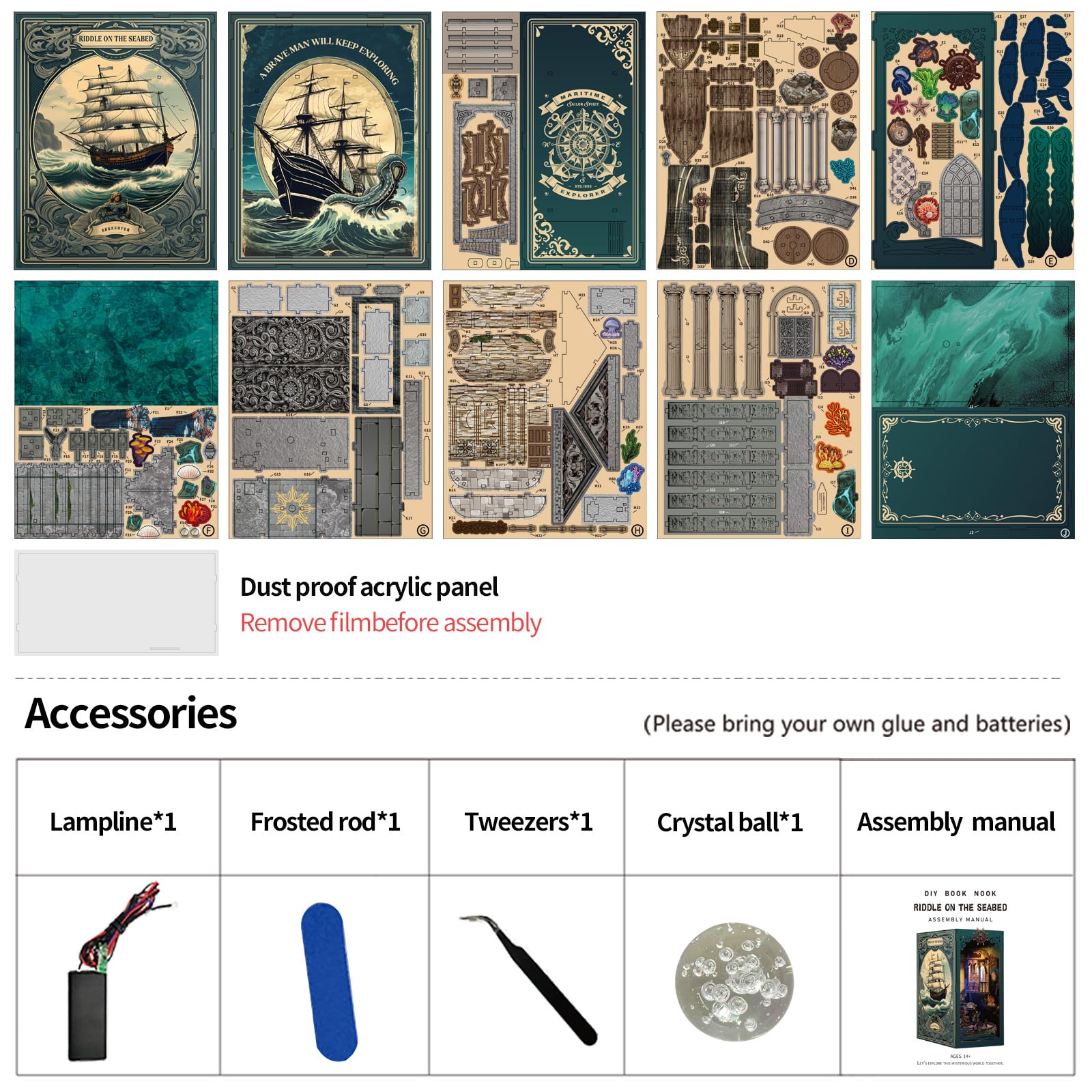 KAAYEE Book Nook Kit, 3D Wooden Puzzles for Adults, DIY Miniature House Kit for Adults, Booknook with LED Light, Gifts for Family, Friends and Book Lovers, Bookshelf Decor(Deep Sea Shadows) - Image 9