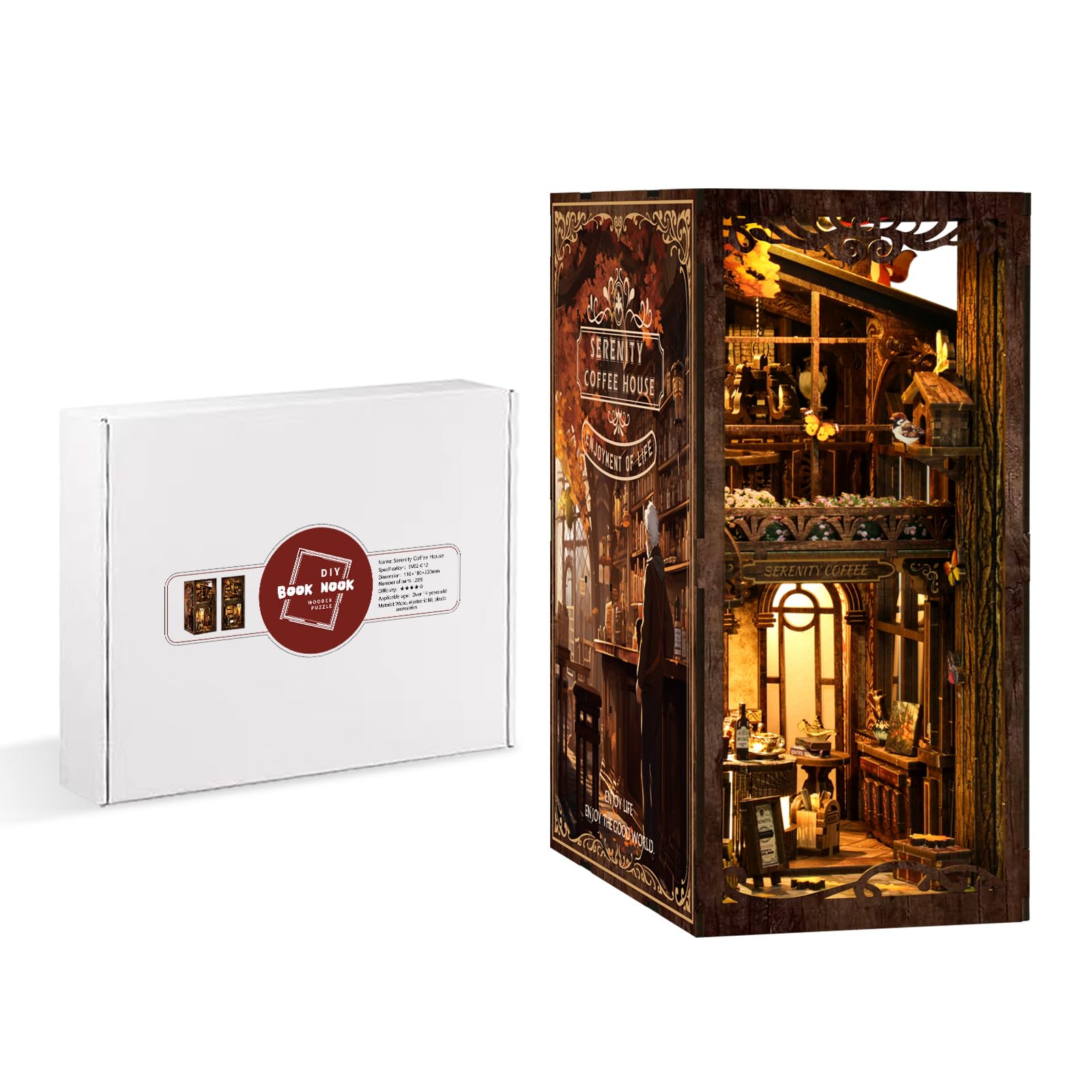 KAAYEE Book Nook Kit, 3D Wooden Puzzles for Adults, DIY Miniature House Kit for Adults, Booknook with LED Light, Gifts for Family, Friends and Book Lovers, Bookshelf Decor(Serene Café) - Image 6