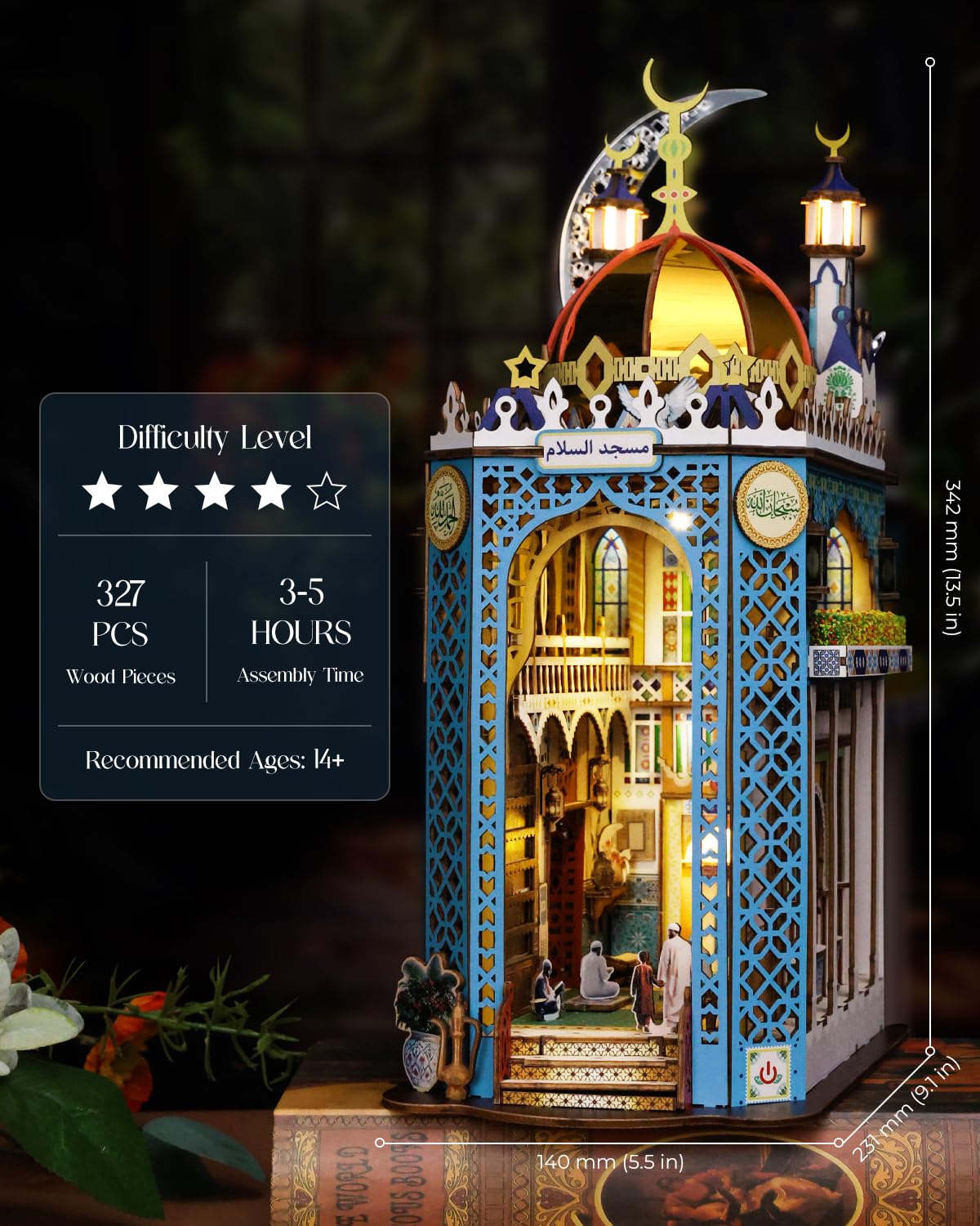KAAYEE DIY Book Nook Kit, 326 PCS Miniature Booknook 13.5 * 9 * 5.5in Bookshelf Insert Decor Crafts for Adult 3D Wooden Puzzles Dollhouse Kit with LED Gift for Mom Birthday Home Decor(Mosque) - Image 3