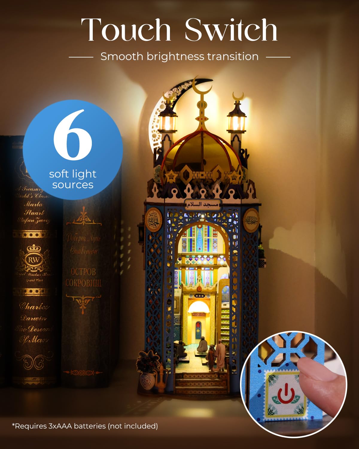 KAAYEE DIY Book Nook Kit, 326 PCS Miniature Booknook 13.5 * 9 * 5.5in Bookshelf Insert Decor Crafts for Adult 3D Wooden Puzzles Dollhouse Kit with LED Gift for Mom Birthday Home Decor(Mosque) - Image 4