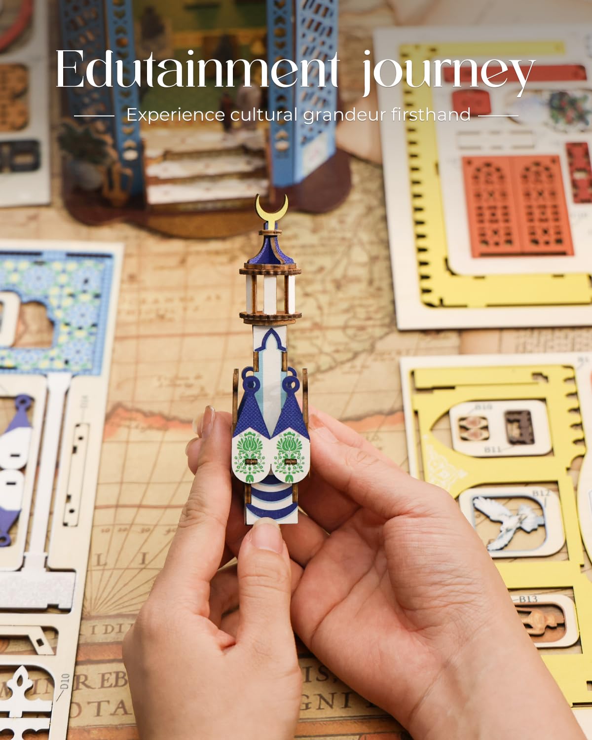 KAAYEE DIY Book Nook Kit, 326 PCS Miniature Booknook 13.5 * 9 * 5.5in Bookshelf Insert Decor Crafts for Adult 3D Wooden Puzzles Dollhouse Kit with LED Gift for Mom Birthday Home Decor(Mosque) - Image 6