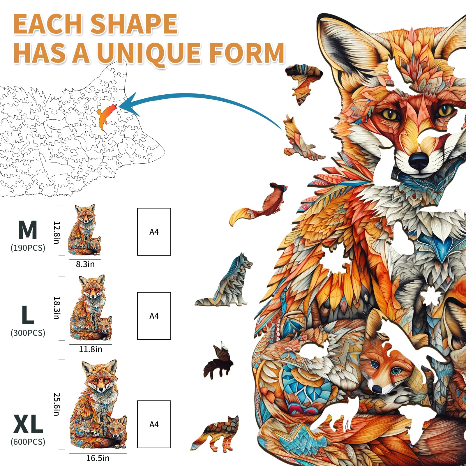 KAAYEE Wooden Jigsaw Puzzles-Wooden Puzzle Adult Unique Shape Advanced Fox Wooden Jigsaw Puzzle for Adult,Best Gift for Adults (XL) - Image 4