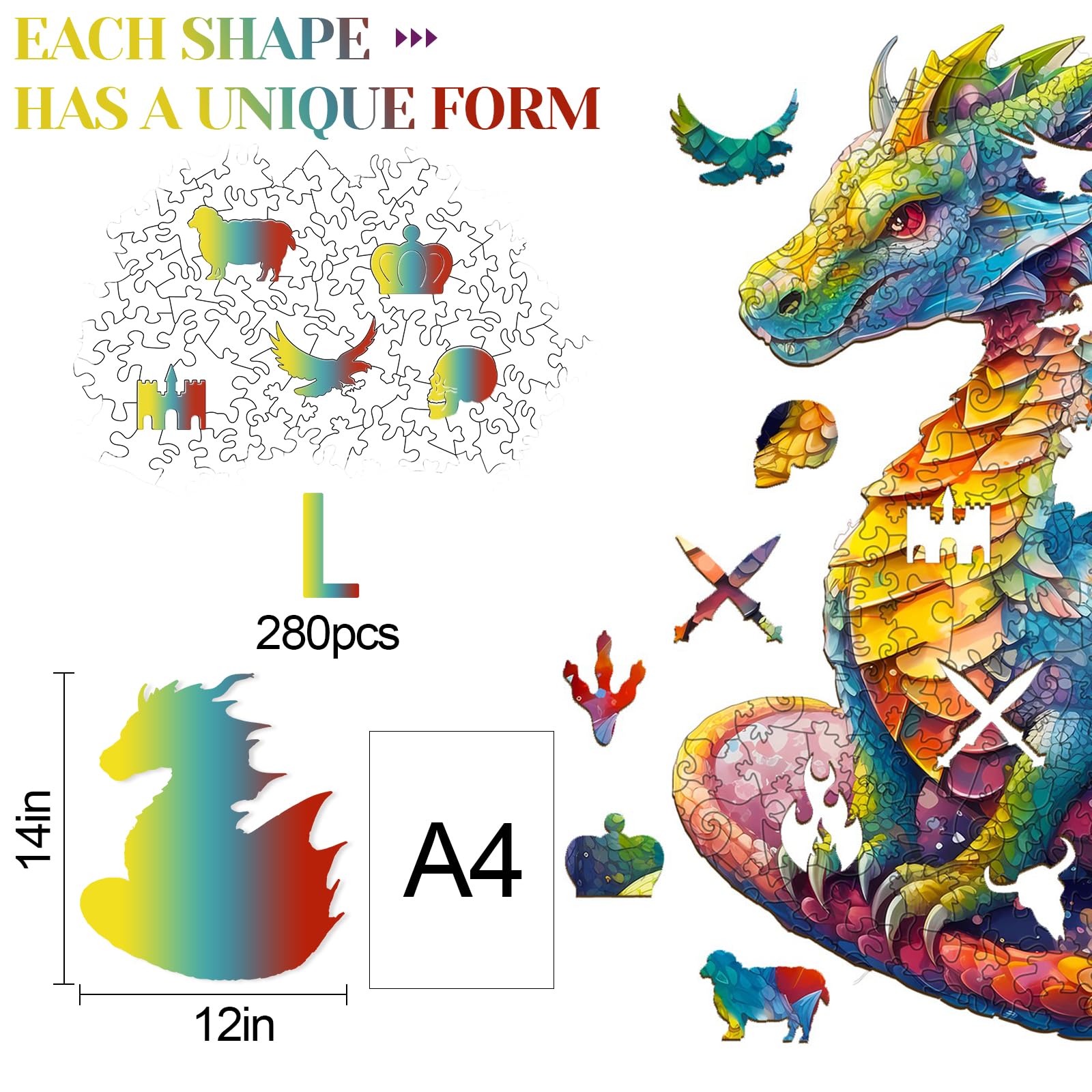 KAAYEE Wooden Jigsaw Puzzles-Wooden Puzzle Adult Unique Shape Advanced Dragon Wood Puzzle Adult, Fathers Christmas Family Puzzles for Over 16 Year Old 14 * 12in 280pcs - Image 3