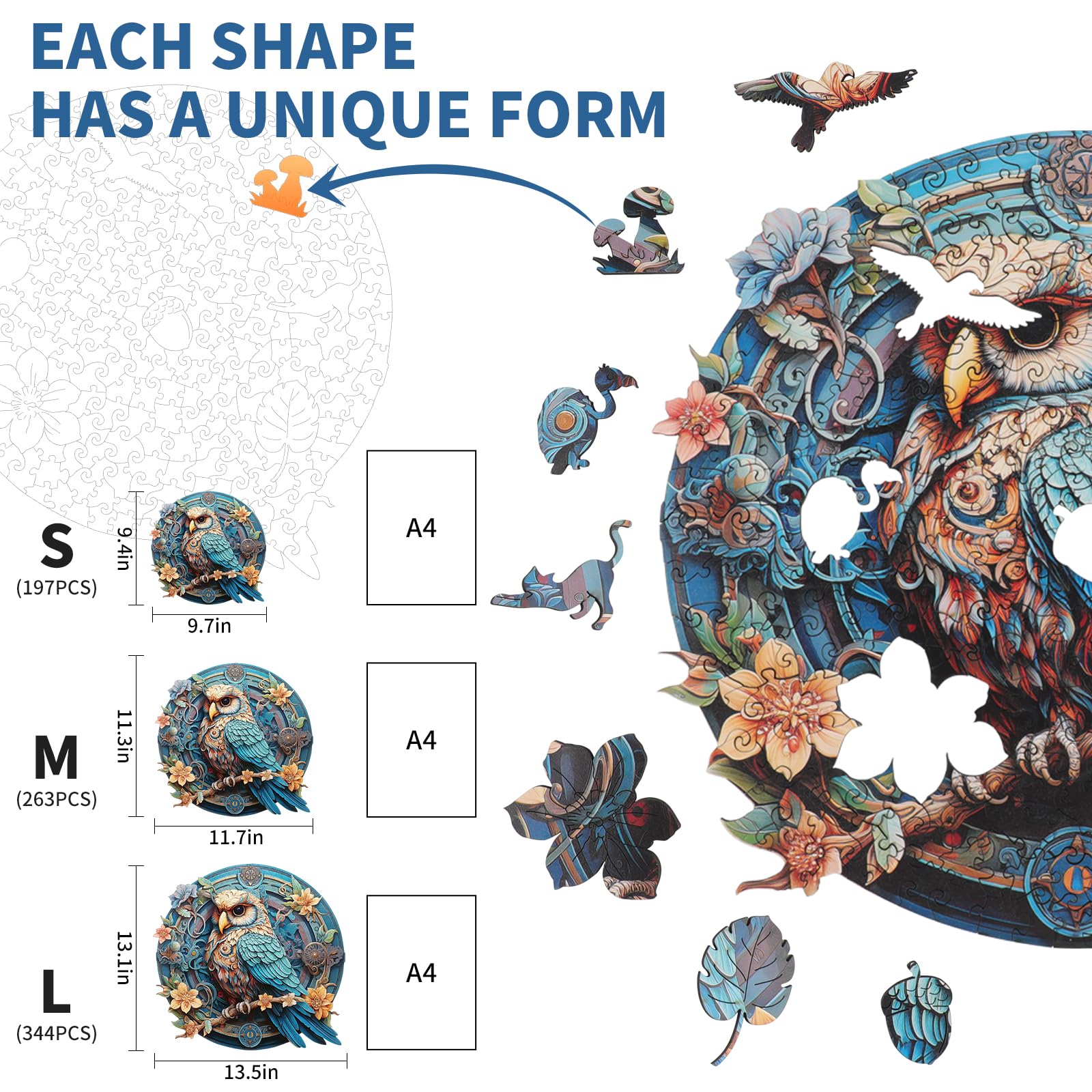 KAAYEE Wooden Jigsaw Puzzles-Wooden Puzzle Adult Unique Shape Advanced Wise Owl Wooden Jigsaw Puzzle for Adult Game Christmas Birthday Fathers 11.7 * 11.3 in 263 pcs - Image 3