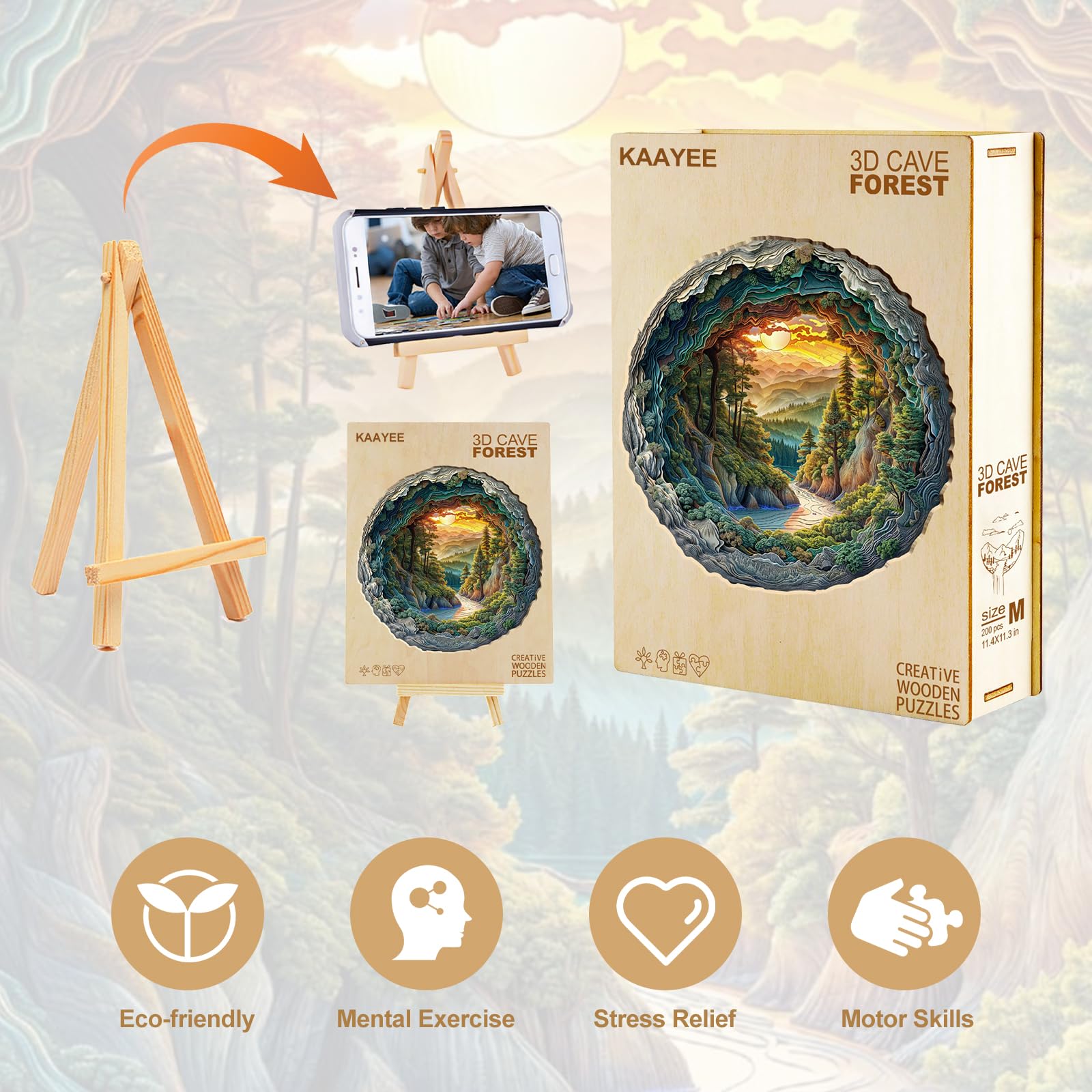 KAAYEE Wooden Puzzles for Adults, 3D Vision Effect Cave Forest Wooden Jigsaw Puzzle Unique Shape Wood Puzzle Adult, Flat Puzzle Birthday Fathers Family Game (S-8.5 * 8.4in-100pcs) - Image 6