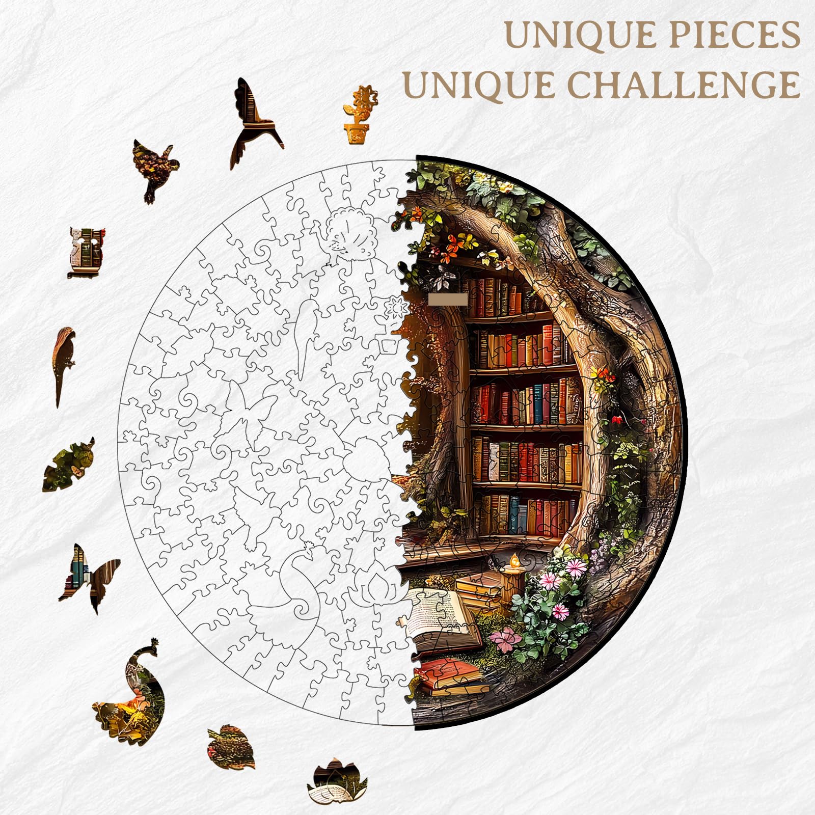 KAAYEE Wooden Puzzles for Adults, 3D Visual Effect Tree House Library Wooden Jigsaw Puzzle Unique Shape Wood Puzzle Adult, 3D Effect Flat Puzzle Birthday Family Games (S-8.5 * 8.5 in-100pcs) - Image 3