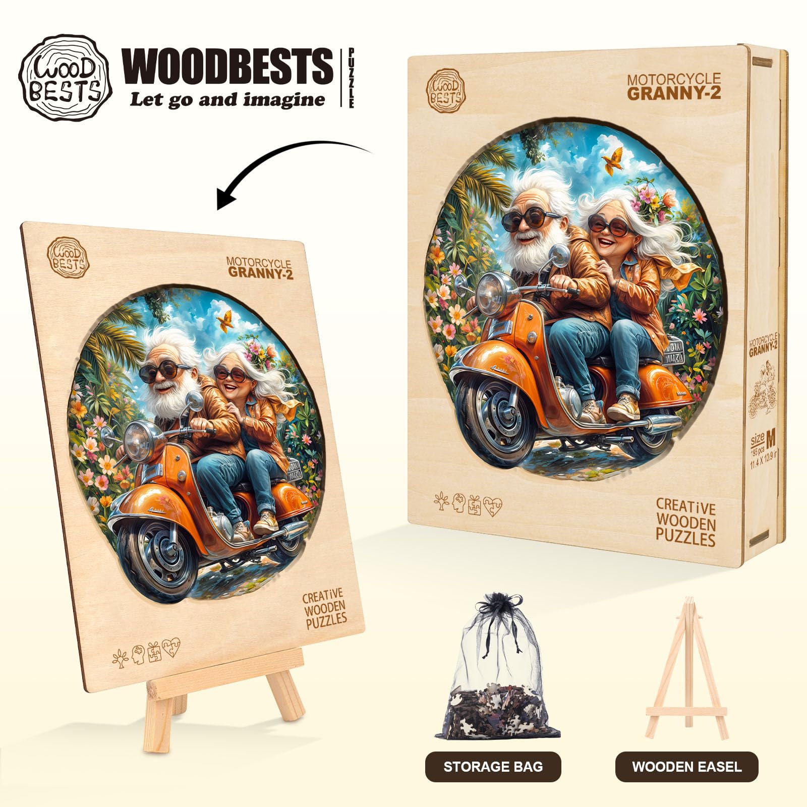 Wooden Puzzles for Adults, Motorcycle Grandma & Grandpa Wooden Jigsaw Puzzle, 195 Piece Unique Shape Wood Puzzles Adult, for Grandparents Home Decor (M-11.4 * 10.9in-Over 16 Years Old) - Image 3