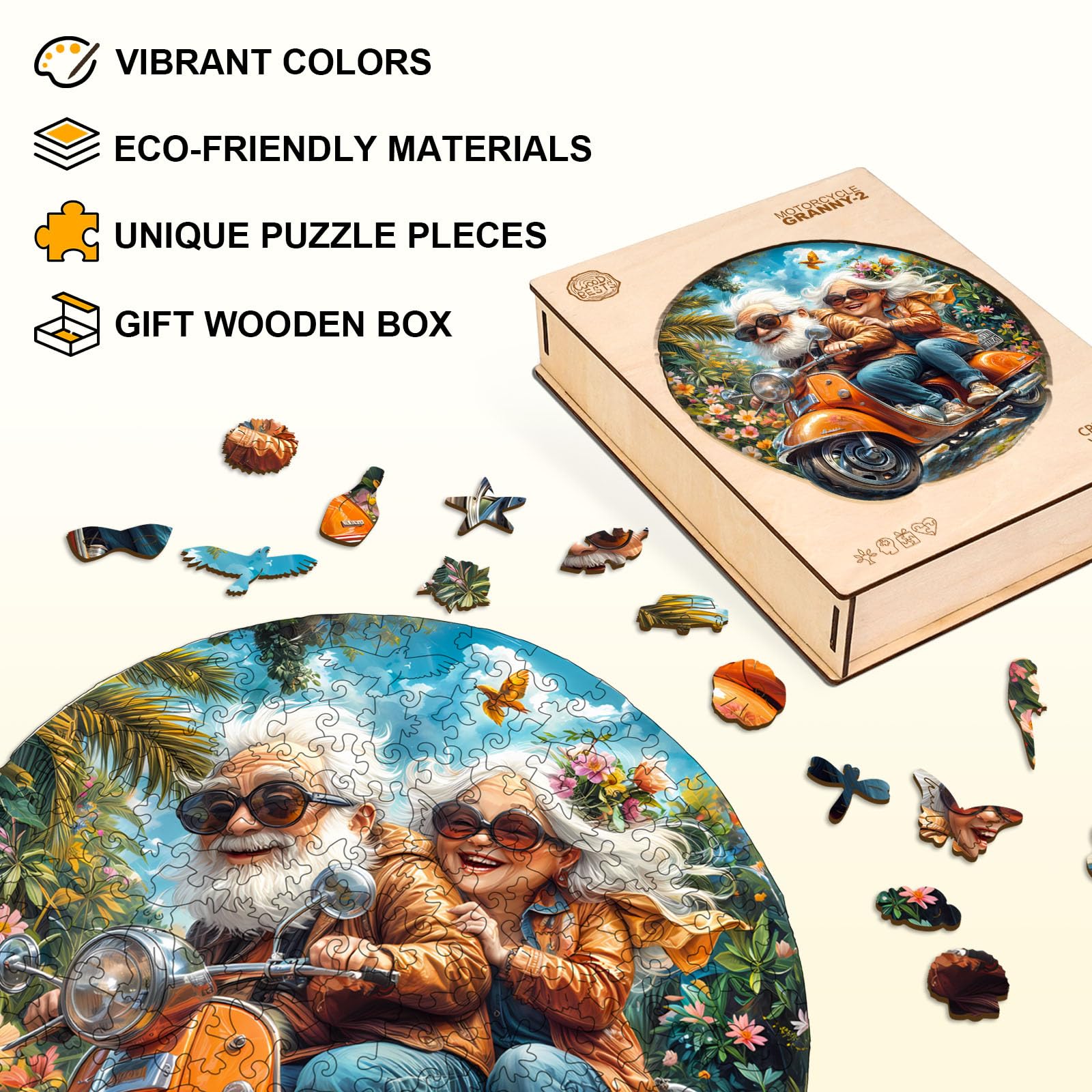 Wooden Puzzles for Adults, Motorcycle Grandma & Grandpa Wooden Jigsaw Puzzle, 195 Piece Unique Shape Wood Puzzles Adult, for Grandparents Home Decor (M-11.4 * 10.9in-Over 16 Years Old) - Image 5