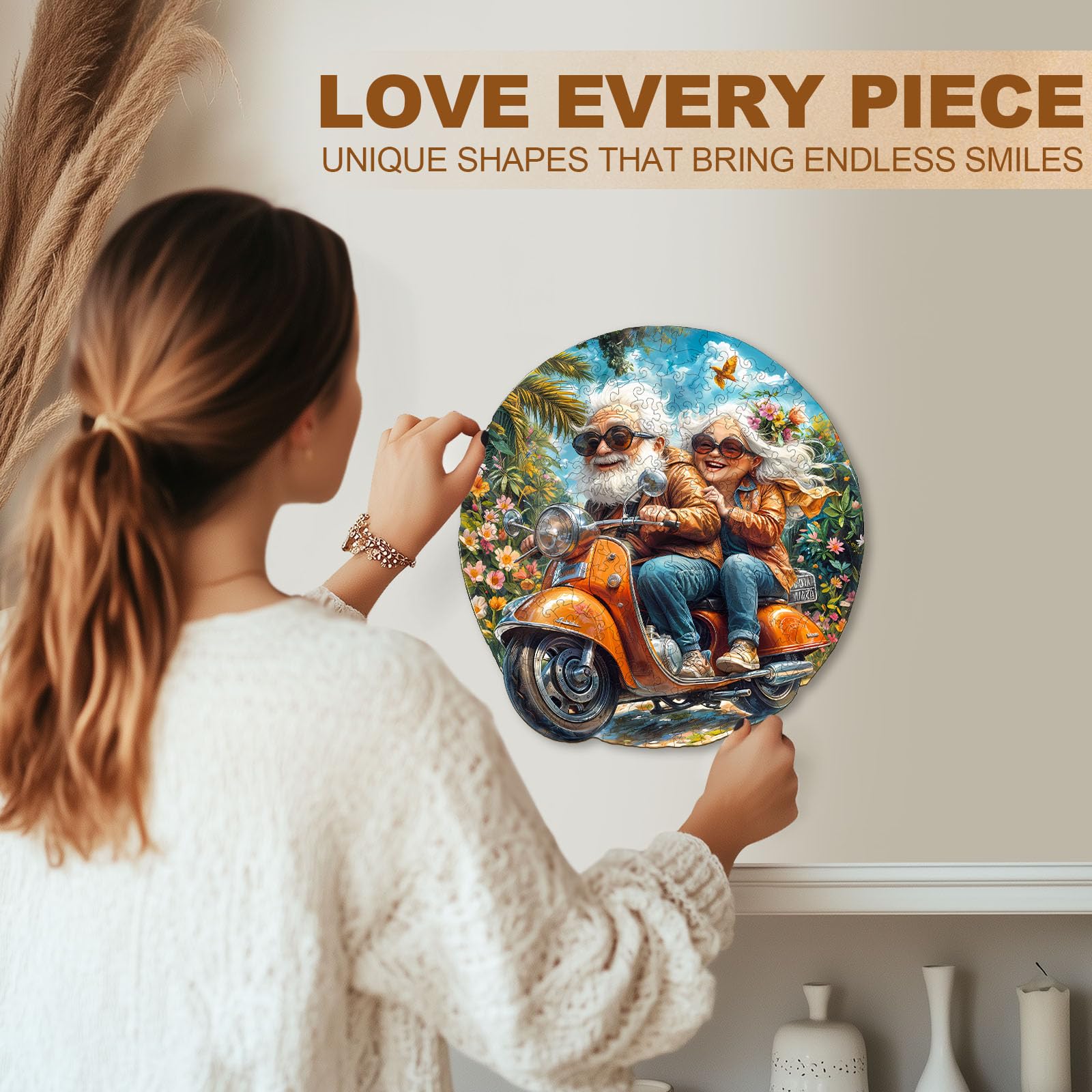 Wooden Puzzles for Adults, Motorcycle Grandma & Grandpa Wooden Jigsaw Puzzle, 195 Piece Unique Shape Wood Puzzles Adult, for Grandparents Home Decor (M-11.4 * 10.9in-Over 16 Years Old) - Image 7